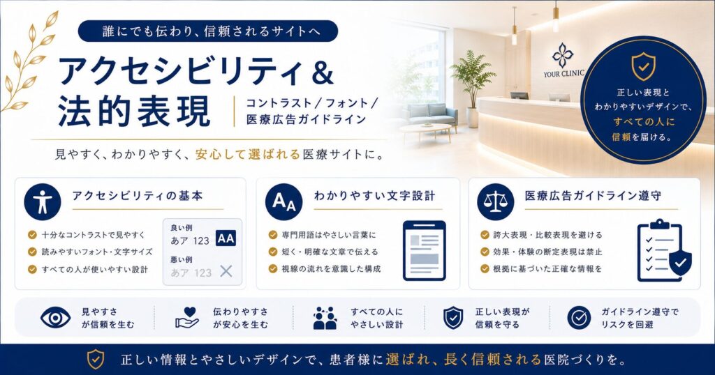 アクセシビリティ＆法的表現（コントラスト／フォント／医療広告ガイドライン）