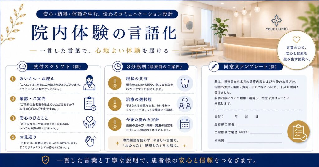 院内体験の言語化（受付スクリプト・３分説明・同意文テンプレ
