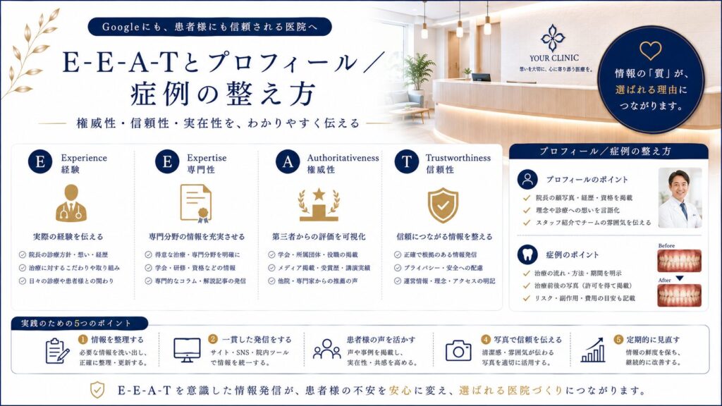 E-E-A-Tとプロフィール／症例の整え方（権威性・信頼性・実在性の見せ方）