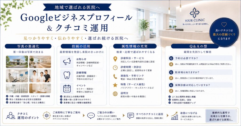 Googleビジネスプロフィール＆クチコミ運用（写真・投稿・属性・Q&Aの型）