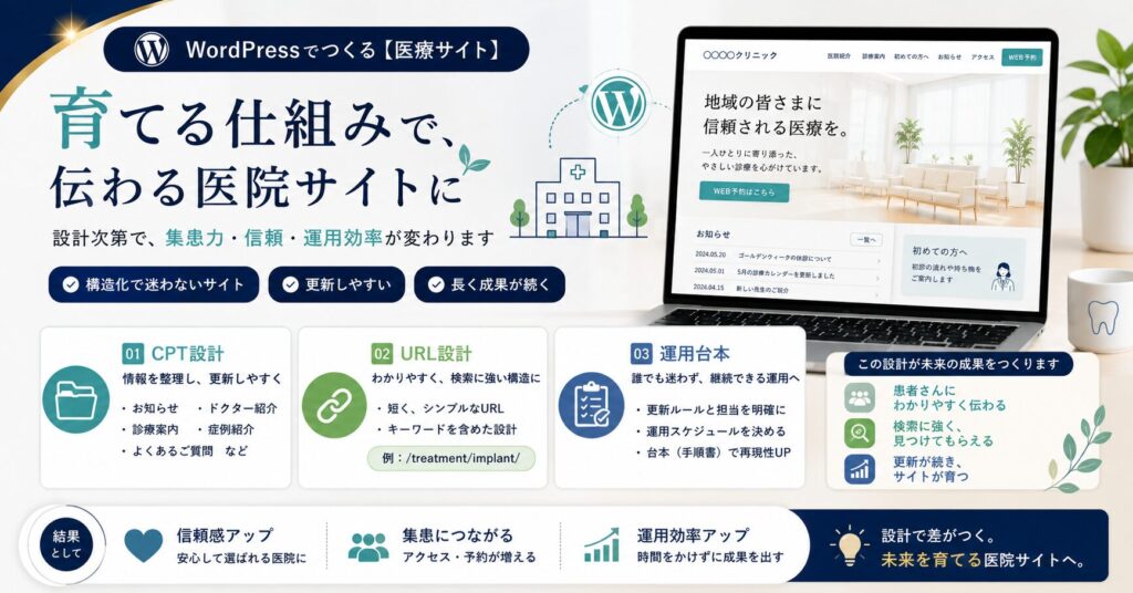 WordPressで作る医療サイト設計ポイント｜CPT・URL設計・運用台本で育てる仕組み
