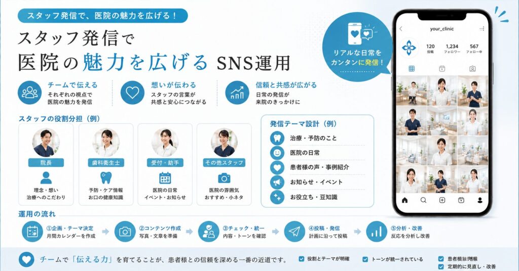 スタッフ発信で医院の魅力を広げるSNS運用（役割分担・トーン統一・発信テーマ設計）