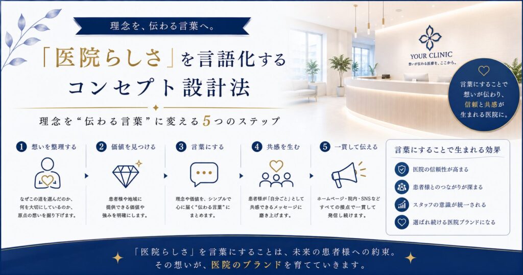 「医院らしさ」を言語化するコンセプト設計法｜理念を“伝わる言葉”に変えるステップ